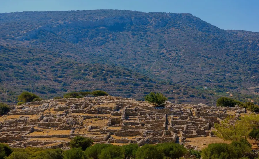 Ruins of the ancient settlement of Gournia with mountains in the background